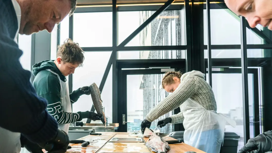 Familie filtrerer fisk på hotellet 