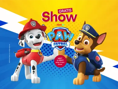 Paw Patrol figurene med tekst "gratis show"