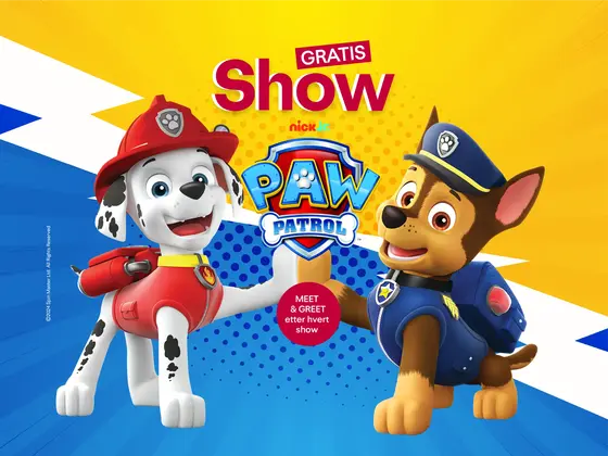 Paw Patrol figurene med tekst "gratis show"