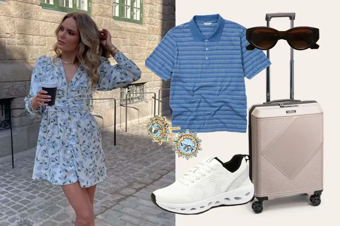 Ung dame står ute i en by med kort blomstrete kjole og kaffe. Produktbilder av blå piquet t-skjorte, solbriller, koffert, øredobber med blå sten og hvite sneakers.