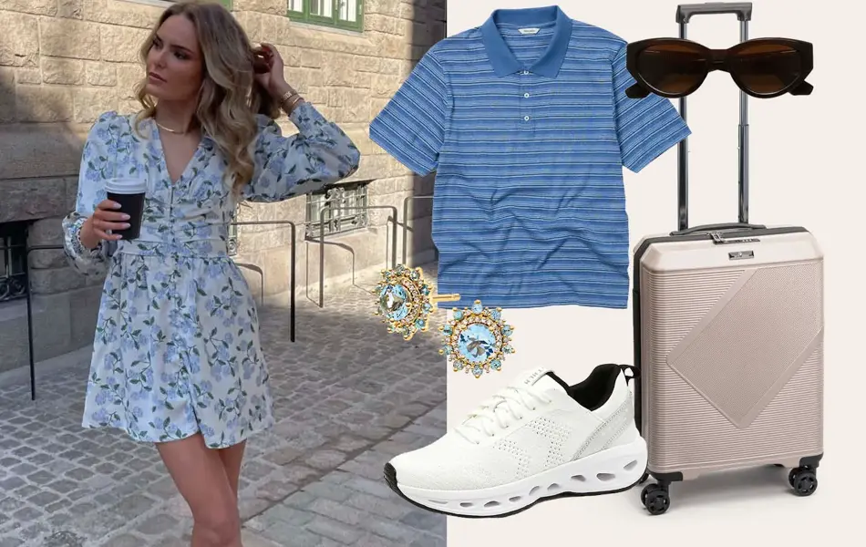 Ung dame står ute i en by med kort blomstrete kjole og kaffe. Produktbilder av blå piquet t-skjorte, solbriller, koffert, øredobber med blå sten og hvite sneakers.