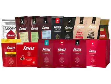Utvalg av Friele kaffe, kapsler og instantkaffe