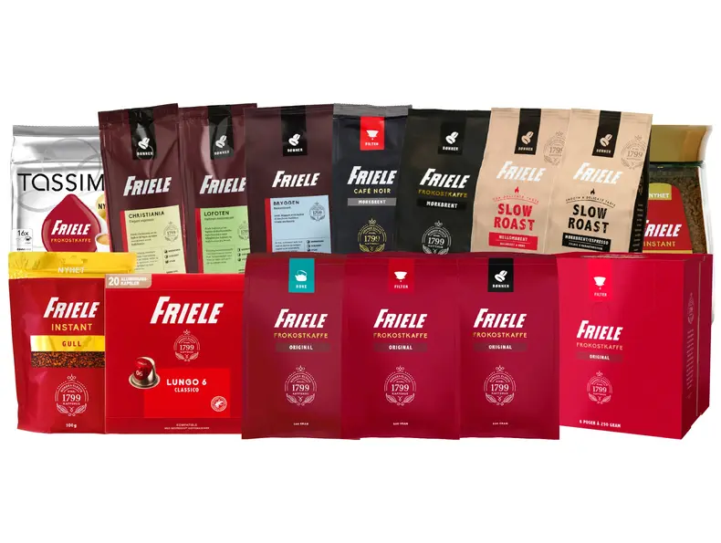 Utvalg av Friele kaffe, kapsler og instantkaffe
