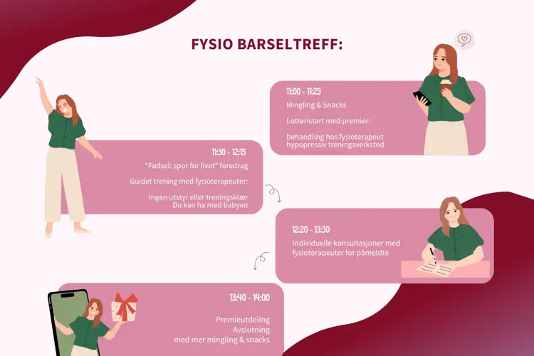 Program med klokkeslett over hva som skjer på barseltreff 28. mai