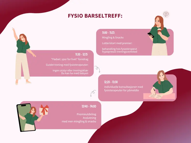 Program med klokkeslett over hva som skjer på barseltreff 28. mai