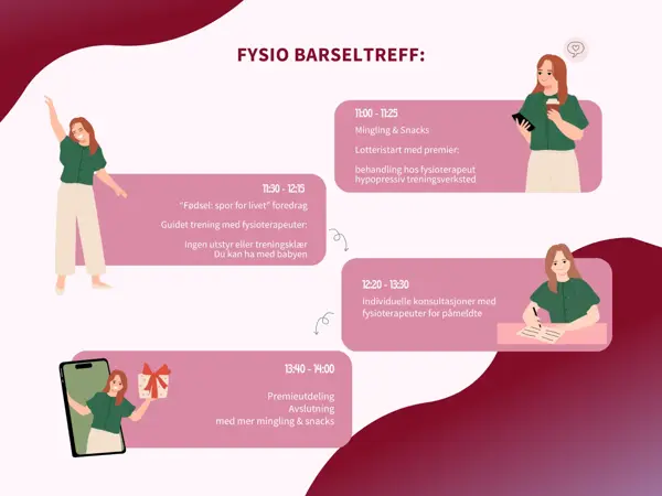 Program med klokkeslett over hva som skjer på barseltreff 28. mai