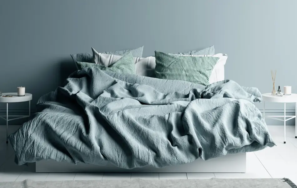 Dark cold blue bedroom interior with linen sheet on bed, wall mock up, 3d render