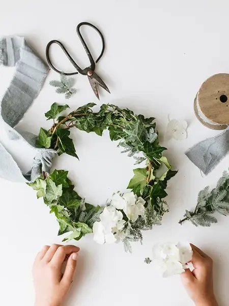 Krans av eføy og hvite blomster mot hvit bakgrunn