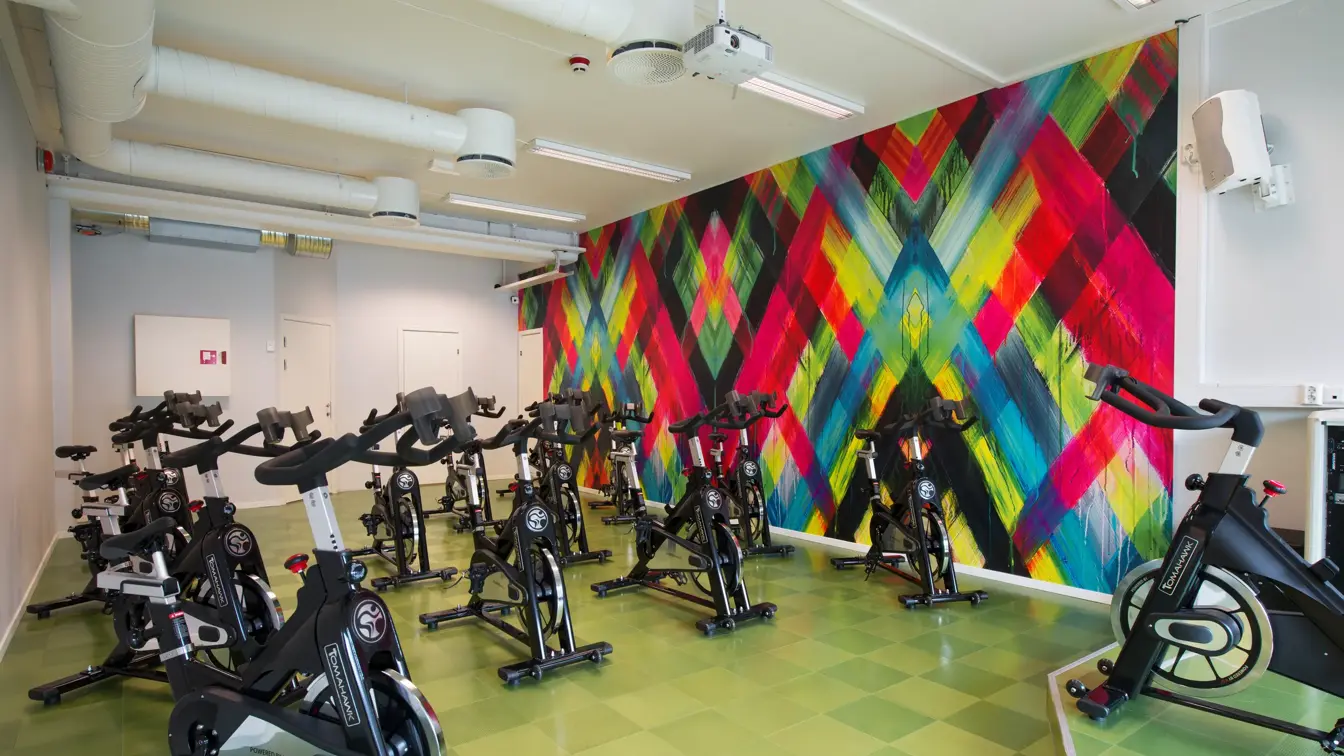 Spinningssykler stort og luftig treningsrom på Thon Hotel Hallingdal.
