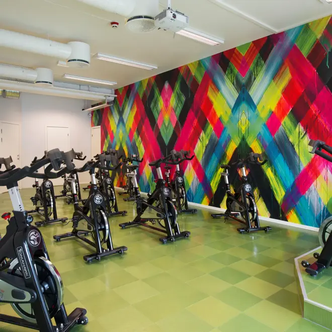 Spinningssykler stort og luftig treningsrom på Thon Hotel Hallingdal.