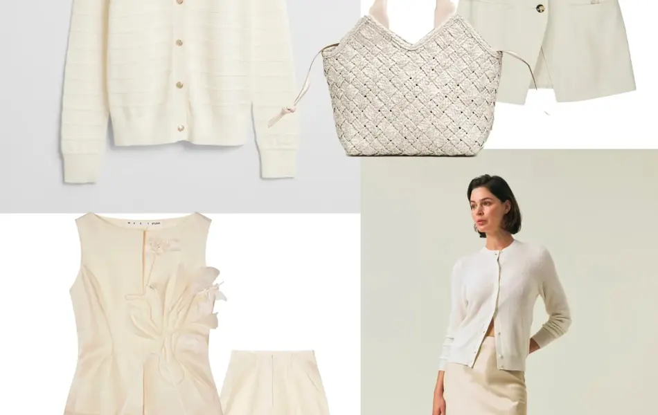 Hvit strikket cardigan, gull øredobber, beige flettet veske, beige vest, lys beige topp og bukse, hvit sulderveske, dame med hvit cardigan og satengskjørt.