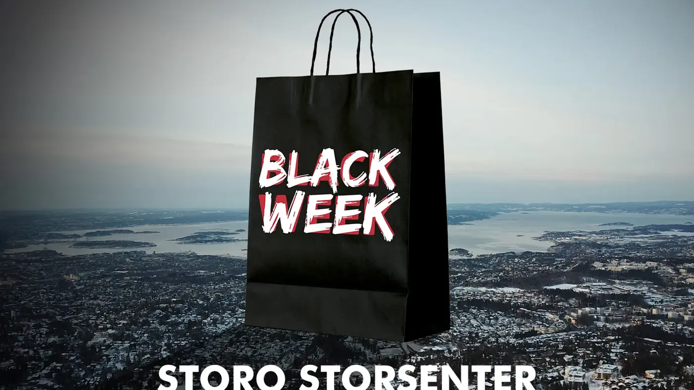 Bilde over Oslo med en stor svar papirpose på toppen og logoen til "Black Week" og "Storo Storsenter"