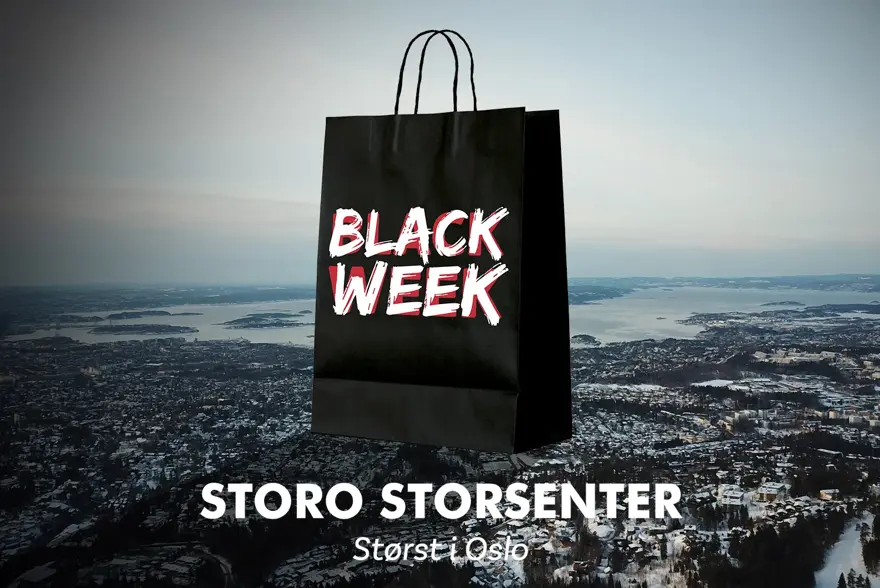Bilde over Oslo med en stor svar papirpose på toppen og logoen til "Black Week" og "Storo Storsenter"