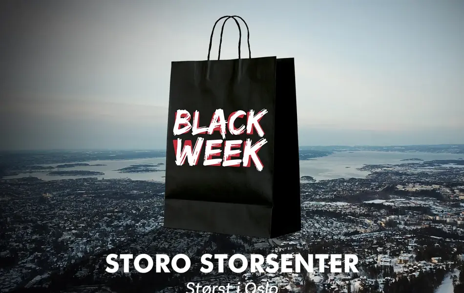 Bilde over Oslo med en stor svar papirpose på toppen og logoen til "Black Week" og "Storo Storsenter"