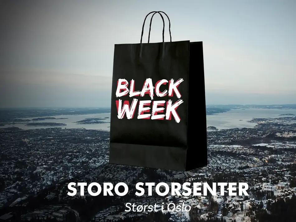 Bilde over Oslo med en stor svar papirpose på toppen og logoen til "Black Week" og "Storo Storsenter"