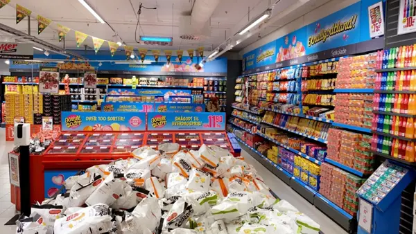 Blå butikkhyller med godteri produkter