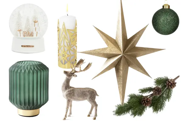 kollasj av produktbilder, julepynt, granbar, adventsstjerne, juletrepynt, levende lys, julekule