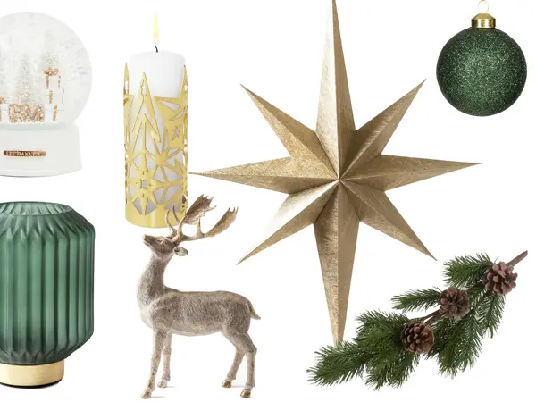 kollasj av produktbilder, julepynt, granbar, adventsstjerne, juletrepynt, levende lys, julekule