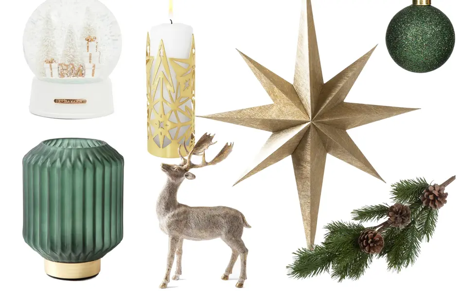 kollasj av produktbilder, julepynt, granbar, adventsstjerne, juletrepynt, levende lys, julekule