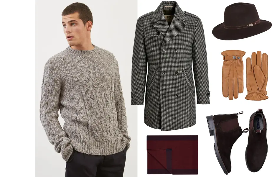 kollasj av mann med strikkejakke, og produktbilder av frakk, hatt, hansker, sko