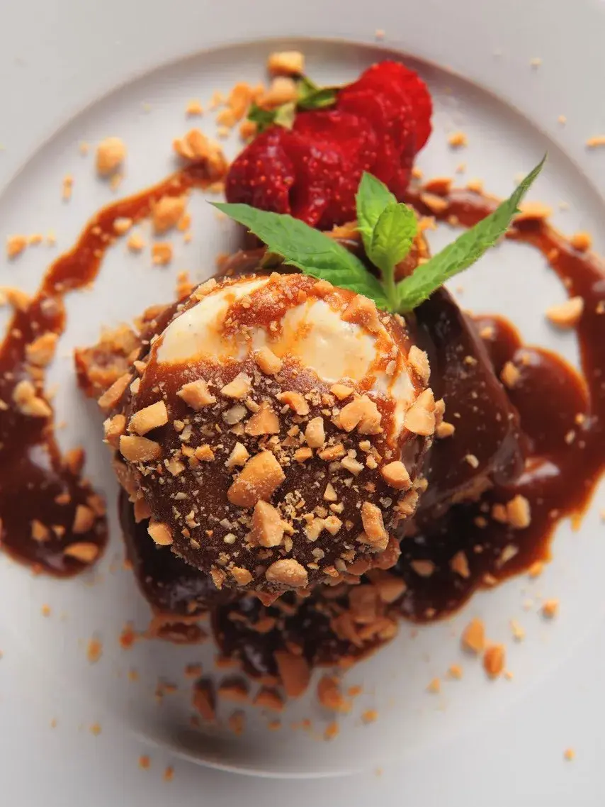 Dessert av is, sjokolade og peanøtter