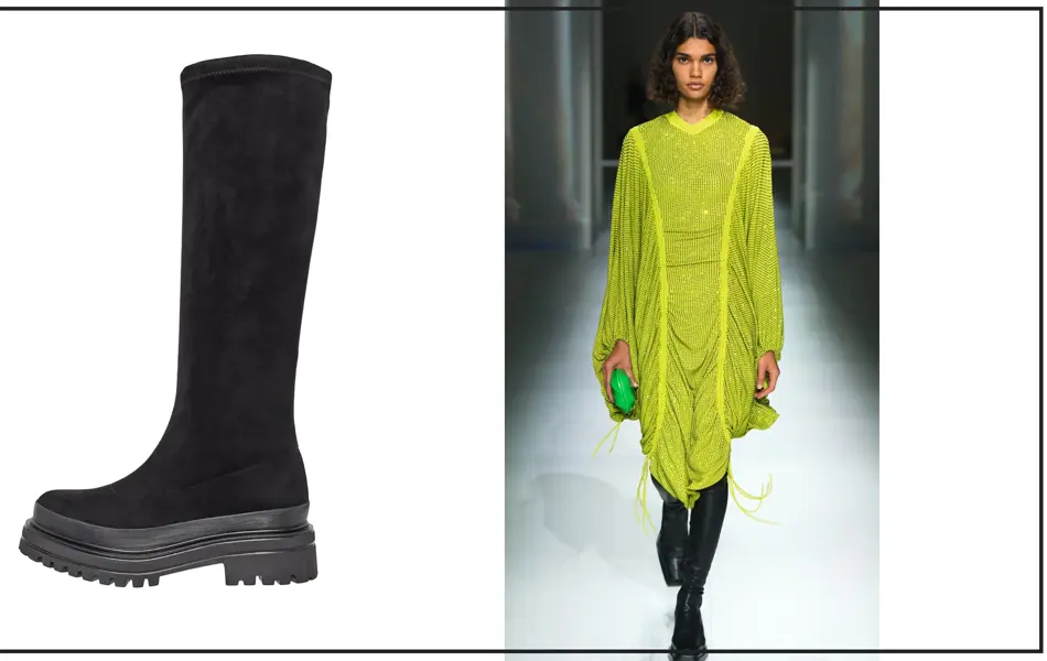 Kollasj av sort boot produktbilde og catwalk modell i limegrønn kjole