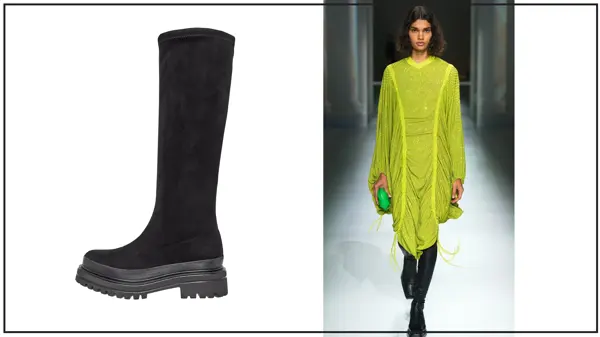 Kollasj av sort boot produktbilde og catwalk modell i limegrønn kjole