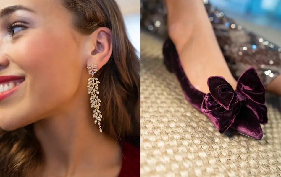 Nærbilde av dame med lange strass-øredobber, nærbilde av fot med lilla velur pumps med sløyfe på.