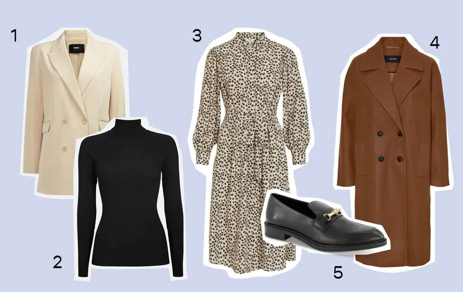 Kollasj av hvit blazer, sort overdel sorte loafters og kåpe