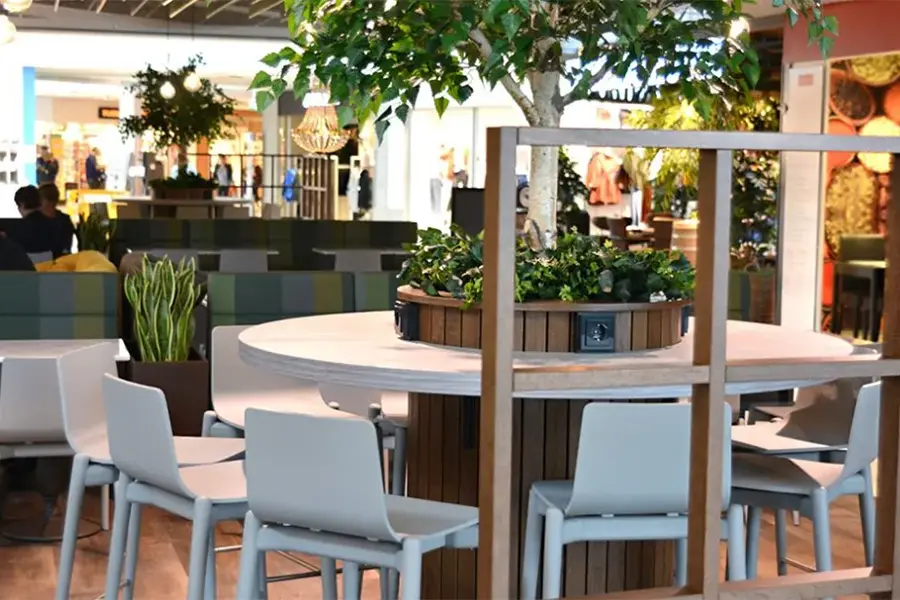 sitteplasser med planter rundt