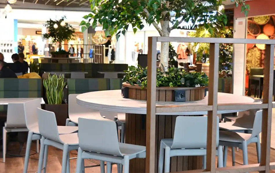 sitteplasser med planter rundt