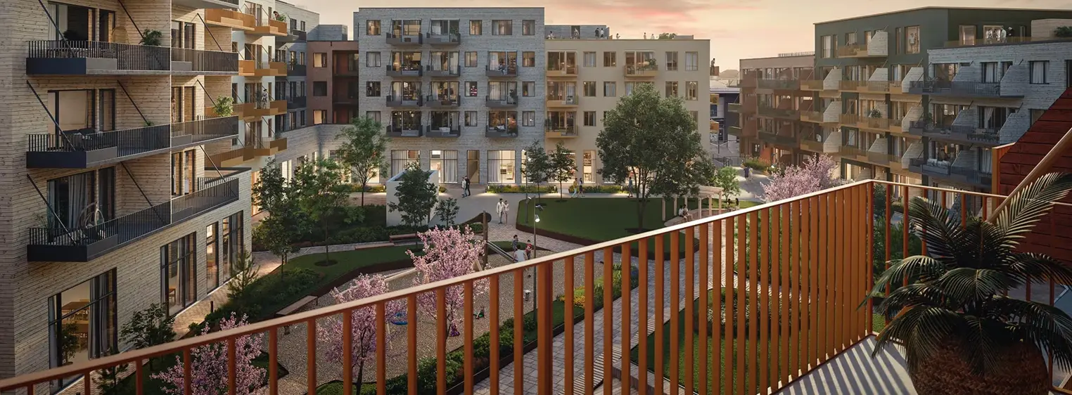 3D-illustrasjon av boligblokker i solnedgang i Moss.