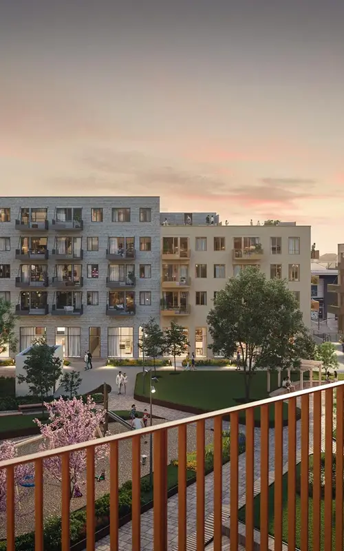 3D-illustrasjon av boligblokker i solnedgang i Moss.