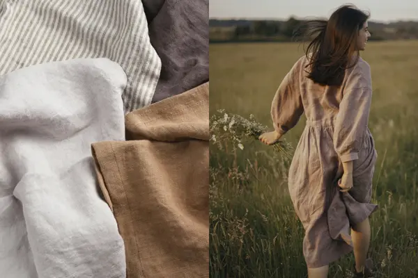 Nærbilde av ulike linstoffer, kvinne i linkjole går i en blomstereng