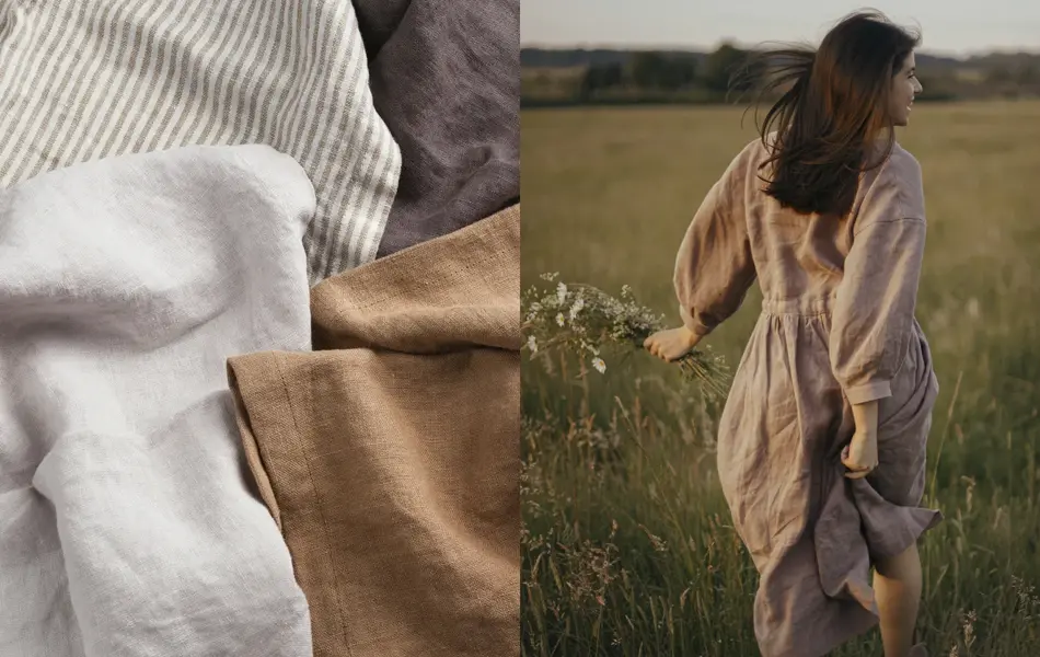 Nærbilde av ulike linstoffer, kvinne i linkjole går i en blomstereng