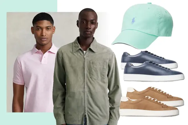 Kollasj av to menn med skjorter, caps og sko