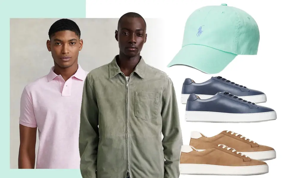 Kollasj av to menn med skjorter, caps og sko