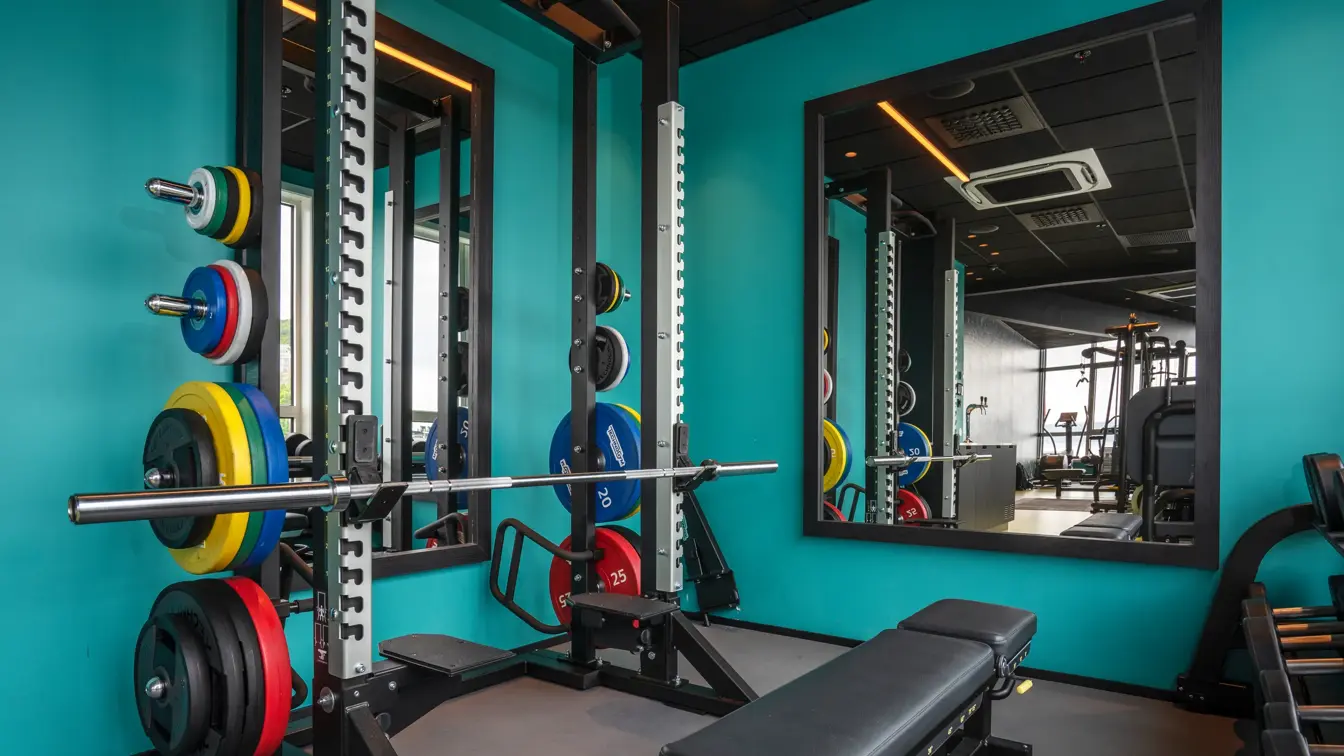 Turkis vegg, to store speil på veggen, diverse treningsapparater.