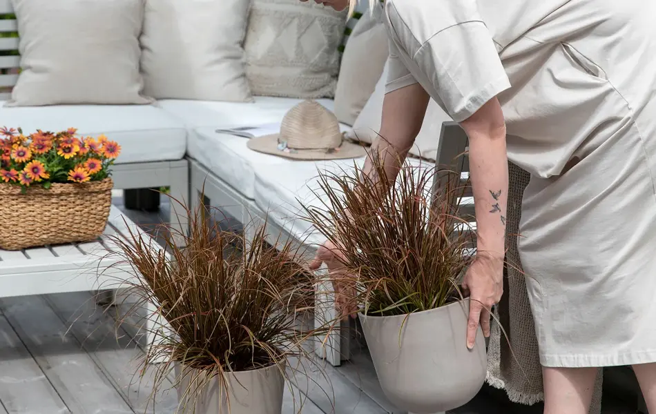 Dame som flytter på plantepotter