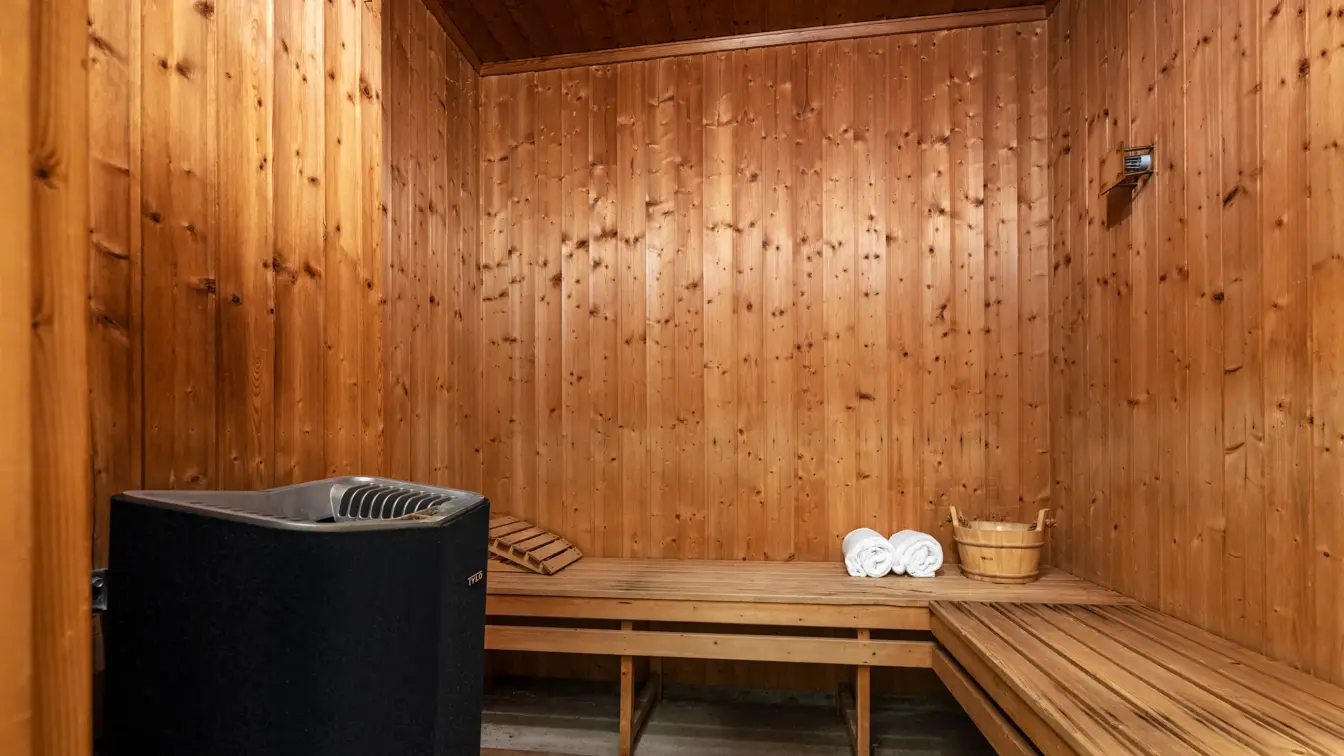 Badstu med benker og ovn.