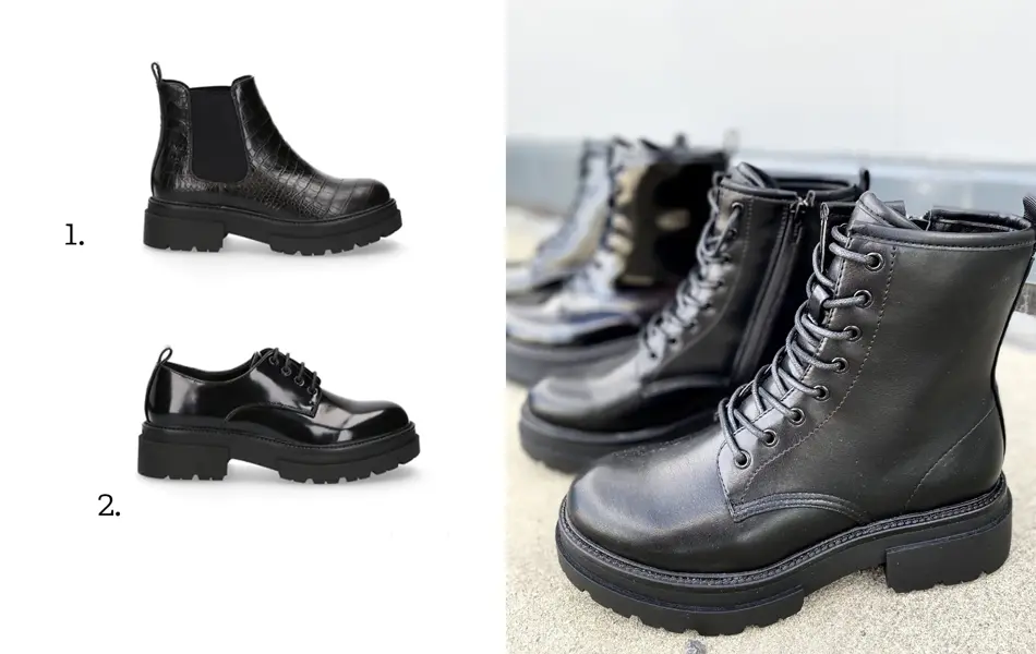 Produktbilde to forskjellige boots og et par sko foran speilet