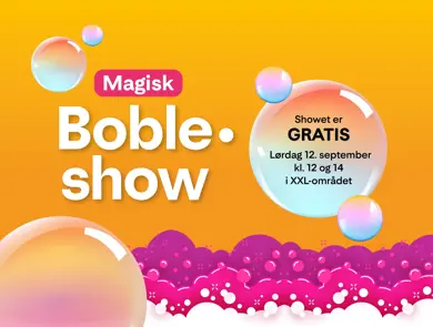 Tekst "Magisk bobleshow" med mange bobler rundt