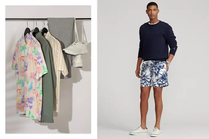 To bilder, skjorter, bukse og sneakers som henger på et stativ, herremodelle i mørk blå genser og mønstret shorts