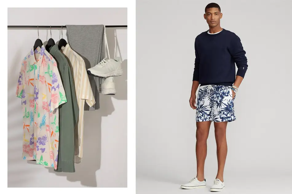 To bilder, skjorter, bukse og sneakers som henger på et stativ, herremodelle i mørk blå genser og mønstret shorts