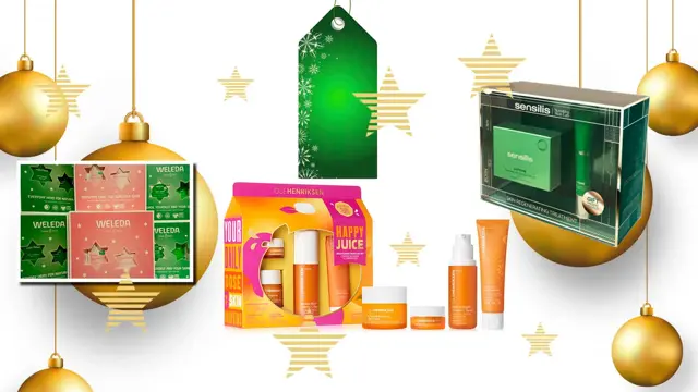 Kollasj av flere hudpleiesett og gullfargede julekuler