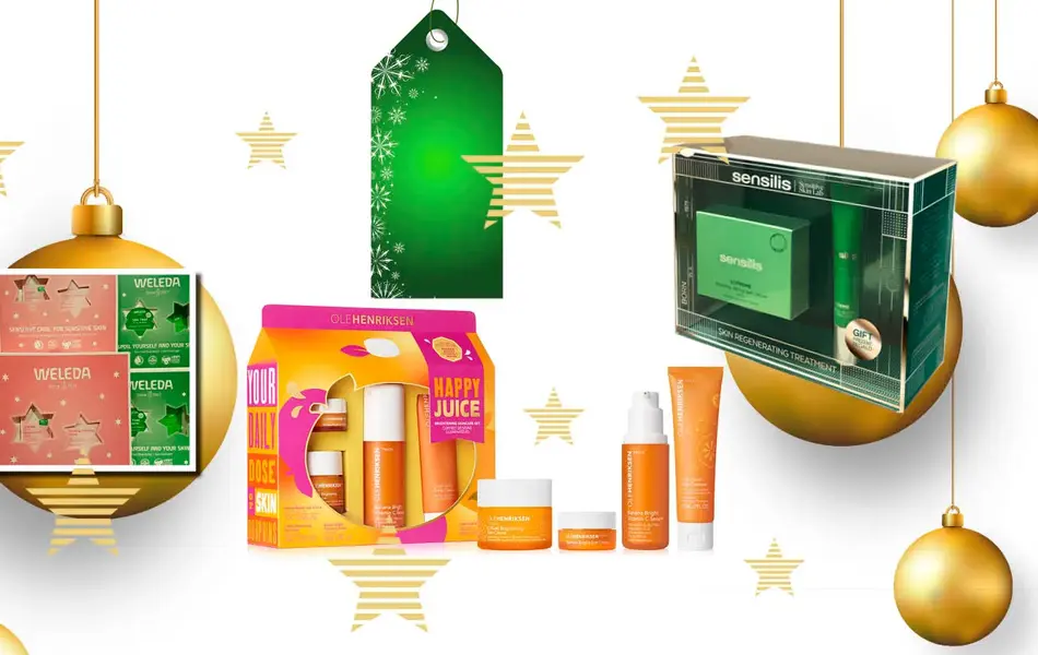 Kollasj av flere hudpleiesett og gullfargede julekuler