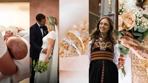 Fem bilder: Noen som holder et nyfødt barn, et par som gifter seg, to forlovelsesringer, en jente i bunad og to hender med hennatatoveringer som holder en blomsterbukett.
