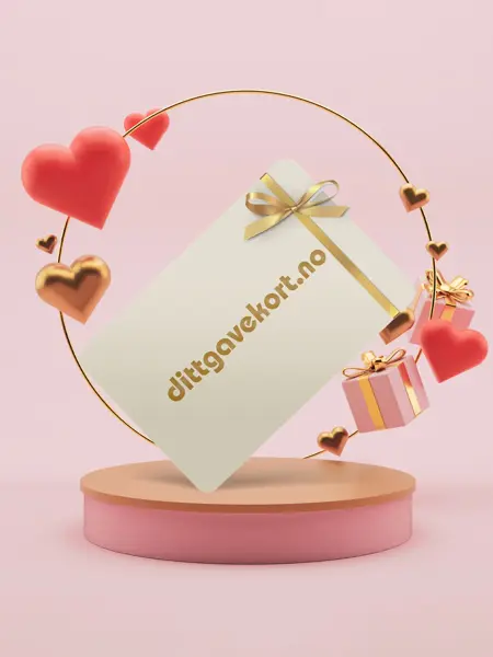 3D podium med hjerter og gaveesker med dittgavekort