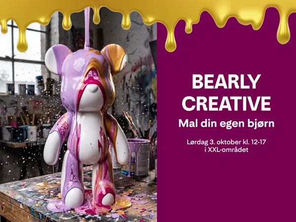 En malt bjørn med tekst "Bearly Creative - mal din egen bjørn"