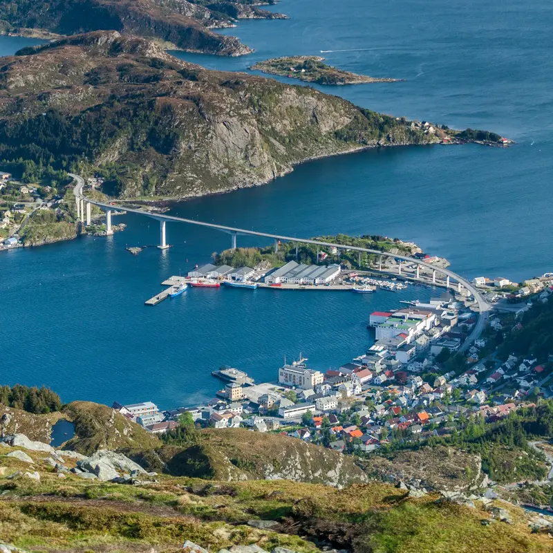 aerial landscape view on city of Måløy, port to stattlandet, the norwegian west cape, Norway